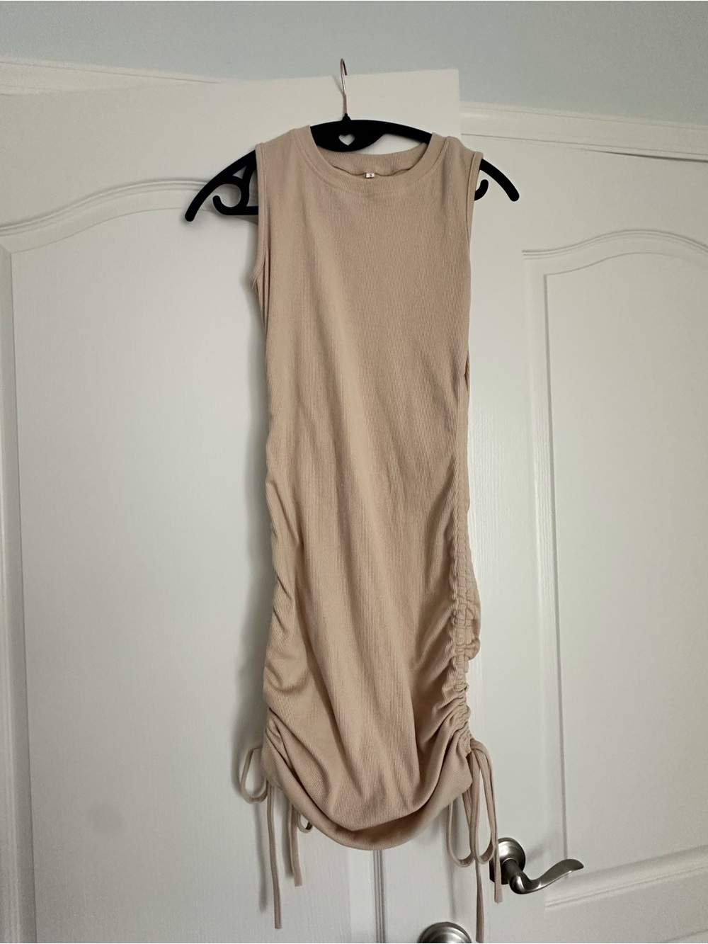 Sleeveless Beige Ruched Side Midi Dress
